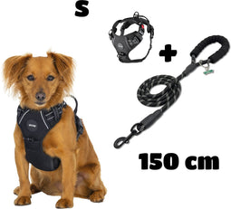 Mister Mill Voordeel Set: Hondentuig S plus Riem 150 CM - Hondentuigje 3x Klikgesp - Zwart - Reflecterend - Hondenriem - Honden Riem - Hondenlijn - Honden Lijn - Anti-Trek Tuig Hondenharnas - Y Tuig Hond