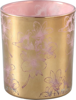 PTMD Melody Rond Theelicht Bloemen - H10 x Ø9 cm - Glas - Goud/roze