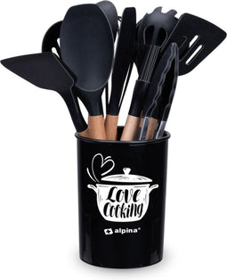 alpina Keukengerei set met Houder - 12 Stuks - Siliconen Gerei met Houten Handvat - Zwart