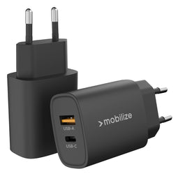 Mobilize 25W Power Delivery / PPS Oplader - USB-A en USB-C Adapter - Zwart - Snellader voor Smartphone en Tablet - Compact en Efficiënt