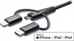 Mobilize 3in1 Nylon USB-A naar Apple Lightning / Micro USB / USB-C Kabel MFI 1.5 Meter - Zwart