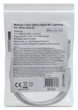 Mobilize USB-A naar Apple Lightning Kabel MFI 1 Meter - Wit