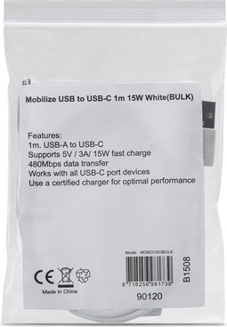 Mobilize USB-A naar USB-C Kabel 1 Meter - Wit