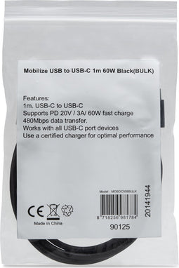 Mobilize USB-C naar USB-C Kabel 1 Meter - Zwart