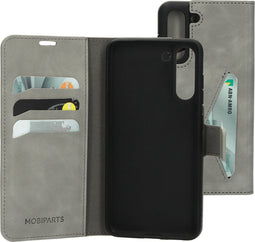 Mobiparts hoesje geschikt voor Samsung Galaxy S21 FE - Wallet/Boekhoesje - Eco Leer - Magneet Sluiting - Opberg vakken - Grijs