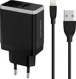Mobiparts Universele Oplader - 12W/2.A - Smart IC - 2 USB aansluitingen - Geschikt voor o.a. Apple en Samsung incl. 1m MFi Lighting Kabel - Zwart