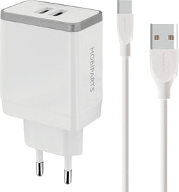 Mobiparts Universele Oplader - 12W/2.A - Smart IC - 2 USB aansluitingen - Geschikt voor o.a. Apple en Samsung + USB-C Kabel - Wit