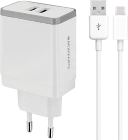 Mobiparts USB-A thuislader met 2 poorten en losse USB-C kabel - Smart IC - 4,8A / wit - 1 meter