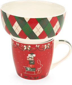 Mok en schaaltje - winter - 480 ml - 2 varianten - nuvole di Stoffa Mok rood slee met cadeautjes en ruiten schaaltje