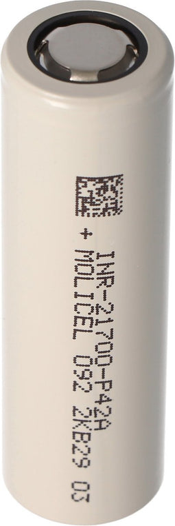 Molicel INR21700-P42A 4200mAh 45A Li-ion batterij, 3.6V - 3.7V onbeschermd, platte bovenkant, afmetingen 70.15x21.40mm