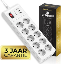 MostEssential Premium 13-Voudige Stekkerdoos - Stekkerdoos met Schakelaar - Stekkerdoos met USB - Stekkerdoos met Overspanbeveiliging – Overspanningsbeveiliging - 10 Stopcontacten & 3 USB Oplaadpoorten – 2M Verlengsnoer – Antislip - Wit