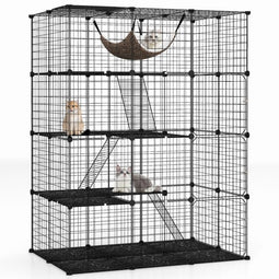 Ruime 4-laagse kattenkooi 143 cm hoog – Zwarte metalen draadkooi met hangmat, plateaus en ladders