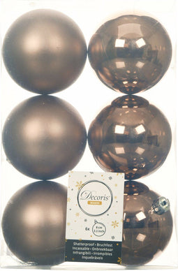 Decoris Kerstballen - 6x st - walnoot bruin - D8 cm - kunststof - mat/glans - kerstversiering