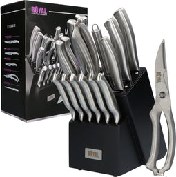 ROYAL KITCHEN GOODS® 16-delige Messenset - RVS Messenblok met Vleesschaar - Ergonomisch - Zwart (16 stuks)