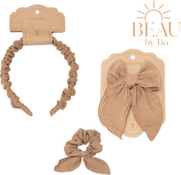 Mrs Ertha Haaraccessoires - Haarband + Scrunchie + Clip met strik - Taupe