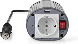 Nedis Omvormer Gemodificeerde Sinusgolf - Ingangsvoltage: 12 V DC - Apparaat stroomoutput: Type F (CEE 7/3) / USB-A - 230 V AC 50 Hz - 150 W - Piekvermogen: 300 W - Sigarettenaansteker - Zilver