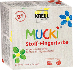 Mucki textiel vingerverf - 4 x 150 ml vingerverf voor textiel - kleuren geel, rood, blauw & groen