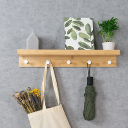 Multifunctioneel Wandrek - Solide Bamboe - Met 5 Haken en Opbergplank