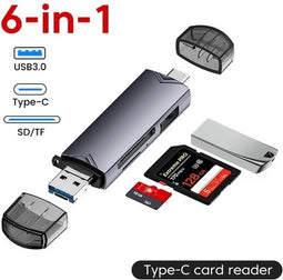 Multifunctionele Usb 3.0 Kaartlezer U Schijf Type C/Micro Usb/Tf/Sd Flitsaandrijving Geheugenkaart Lezing Adapter Telefoon Accessoires , 6 in 1 - donkergrijs