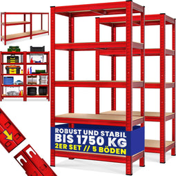MONZANA® Stellingkast - 10 schappen - Belastbaar tot 1750kg - Rood (set van 2)