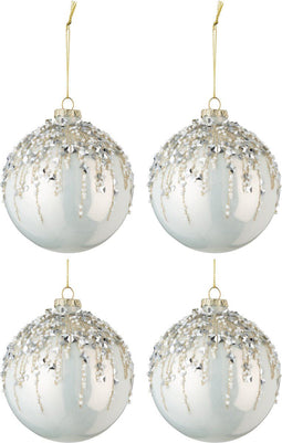 J-Line Doos Van 4 Kerstballen Parels Glitter Glas Parelmoerwit Medium