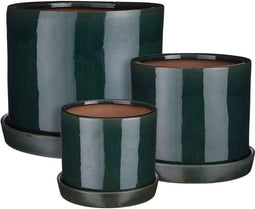 Mica Decorations Milan Pot Met Schotel - H26 x Ø31,5 cm - Set van 3 - Keramiek - Donkergroen