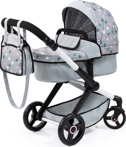 Bayer Design Xeo - Combi Poppenwagen - Verstelbare duwstang - Grijs Roze Sterren