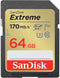 SanDisk Extreme - SDXC - 64 GB - Klasse 10 - UHS-I - Leessnelheid 170 MB/s - Schrijfsnelheid 80 MB/s - Zwart/Goud