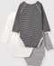 Petit Bateau - Trio babyrompertjes - Lange mouwen - Wit/Blauw + Blauw/Wit + Wit