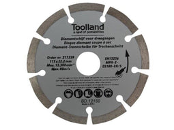 Toolland Diamantschijf, 115 mm, gesegmenteerd, droog snijden, 13300 tpm, 80 m/s, voor graniet, steen, baksteen, marmer, set van 2 stuks