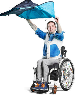 MyBlanket Zomer S/M, compact en licht, wind- en waterdicht rolstoeldeken, snel geplaatst zonder op te staan uit de rolstoel, voor manuele én elektrische rolstoel; 38 x 24 x 8 cm ; 0,45 kg, wasbaar op 30°C - Night Blue met Turquoise rits