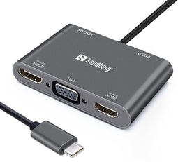 Sandberg 136-35 - USB-C Dock - 2xHDMI 1xVGA 1xUSB 100W PD - Aluminium