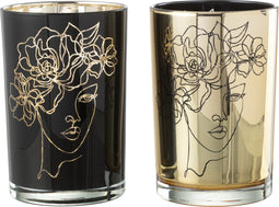 J-Line windlicht dame haar bloemen - glas - zwart/goud - large - 2 stuks