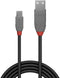 Lindy 1m USB 2.0 Kabel - USB A naar Micro-USB B - 480 Mbit/s - Grijs Zwart