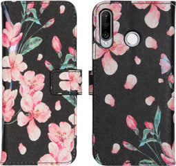 iMoshion Hoesje Geschikt voor Huawei P30 Lite Hoesje Met Pasjeshouder - iMoshion Design Softcase Bookcase - Zwart / Roze / Blossom Watercolor Black