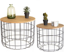 LIFA LIVING Bijzettafel Set - 2 Ronde Tafels - Metaal & Hout - Zwart - 50Φ x 40 cm & 40Φ x 36 cm (2 stuks)