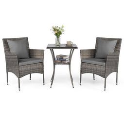 Coast 3-Delige Tuinset - Handgeweven PE-rotan - Tafel met gehard glazen blad - Grijsmix