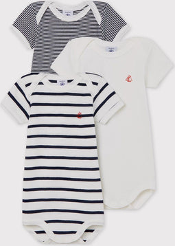 Petit Bateau Rompertje - Baby Unisex - Korte mouwen Amerikaanse hals - Wit/Blauw