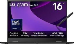 LG Gram Pro 16T90TP-G - Hybride (2-in-1) - Intel Core Ultra 7 255H 16 GB 1 TB SSD 40,6 cm (16") Touchscreen WQXGA Zwart