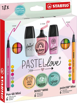 STABILO point 88 Mini, Pen 68 Mini en BOSS Mini Pastellove - PASTELLOVE ATTACK - Mix Set Met 18 Stuks