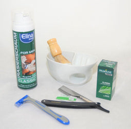 Scheerset - vintage scheerpot met scheerkwast, scheerschuim, retro scheermes en wegwerp scheermes - scheerbakje - ouderwetse scheerbak