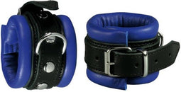 Leren handboeien 5 cm breed gevoerd - zwart/blauw