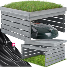 tectake® Garage voor robotmaaier Hortus - Houten behuizing - Weerbestendig - Beplantbaar dak - 84 x 78 x 46 cm