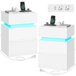 Woltu Nachtkastje met Stopcontact en LED-verlichting - Wit - 40 x 35 x 55 cm - 2 Lades en 1