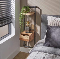 Nachtkastje Air Solid XS Acacia hout en Metaal - Hangend Design met Open Vakken en Lade - Wandmeubel - 30x30x100 cm - Stijlvol en Ruimtebesparend