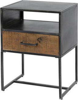 Nachtkastje Blend Robuust Hardhout met Metalen Frame en Lade - 45x35x60 cm - Bijzettafel - Halkastje - Industriële Stijl met Open Opbergvak