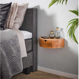 Nachtkastje Curve Zwevend Acaciahout met 1 Lade en Schap - Elegant Rond Design - Wandschap - 40x20x12 cm - Hangend nachtkastje