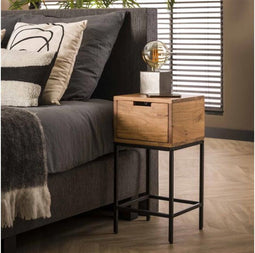 Nachtkastje Flat small Acaciahout met Lade en Metalen Onderstel - Compact nachtkastje - Kleine bijzettafel - 30x30x60 cm