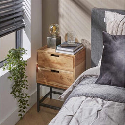 Nachtkastje Flat van Massief Acaciahout met 2 Lades en Metalen Onderstel - Bijzettafel - Halkastje - Minimalistisch Design - 40x30x60 cm - Ideaal voor Slaapkameropslag