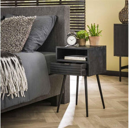 Nachtkastje Matheus Massief Zwart Mangohout met Lade en Open Vak - Bijzettafel - 35x35x60 cm - Stijlvol en Modern Design